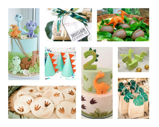 dinosaur themed birthday party decorations and cakes