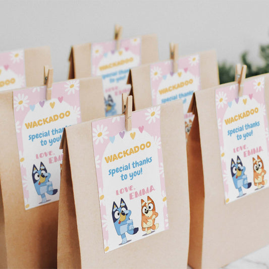 bluey and bingo party thank you tags, editable party favors