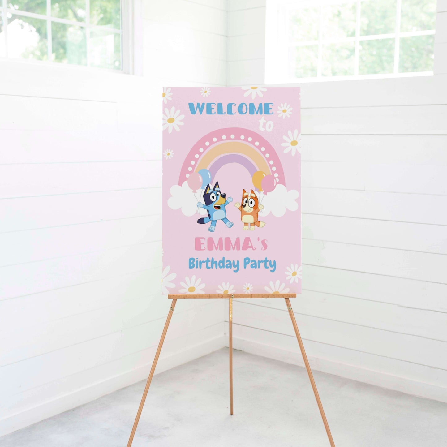 Bluey and Bingo Daisies Welcome Sign Pink ★ Instant Download | Editable Text