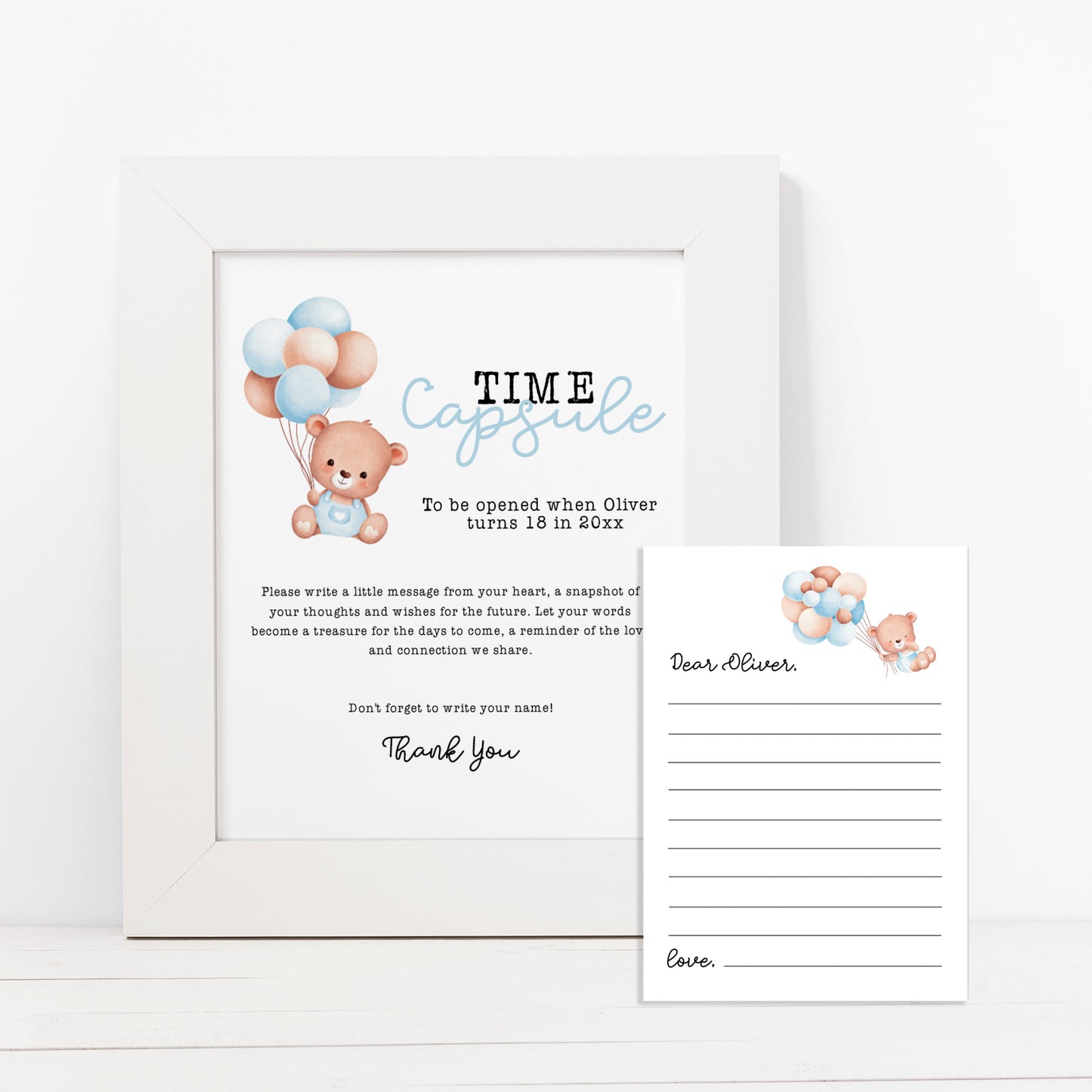 bear themed time capsule, 8x10 sign and cards