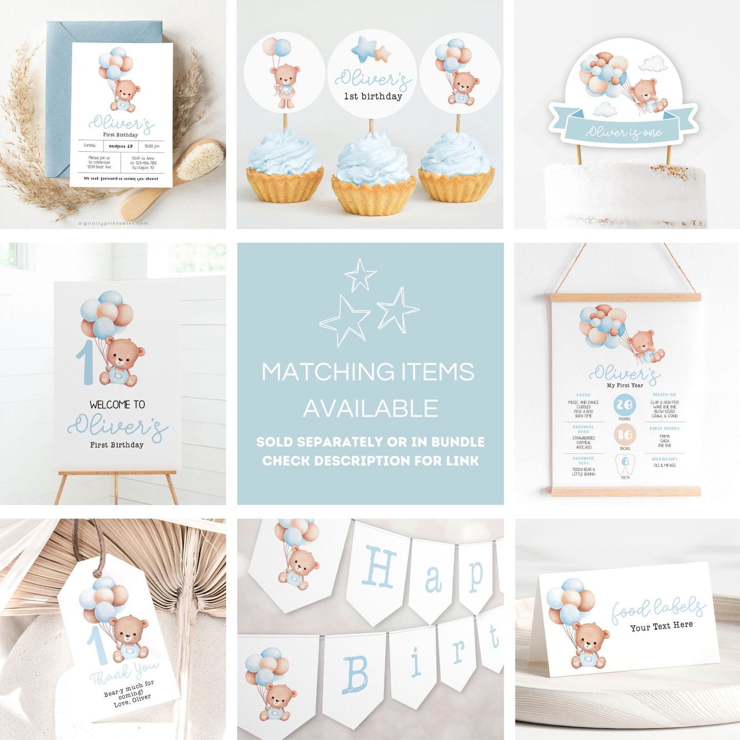 Little Bear Cupcake Toppers | Blue ★ Instant Download | Editable Text