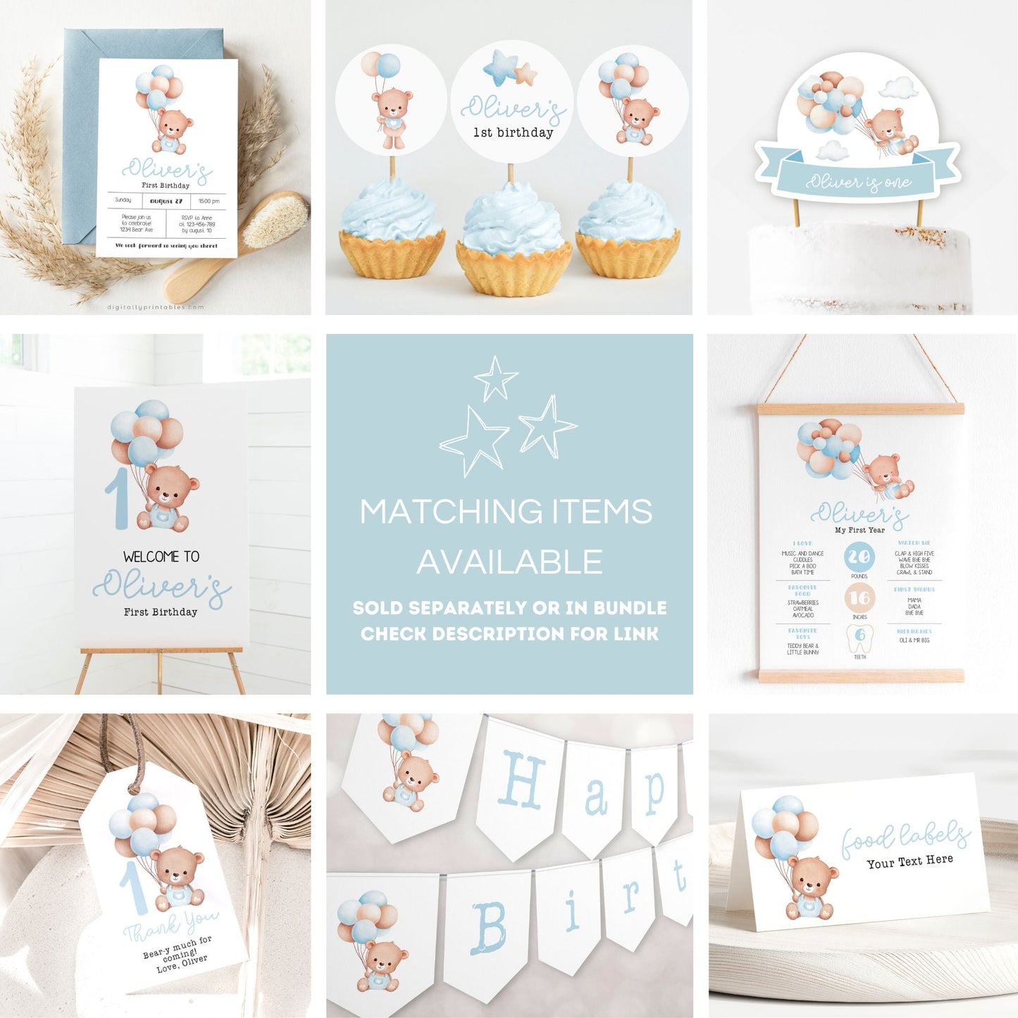 Little Bear 1st Year Photos Banner | Blue ★ Instant Download | Editable