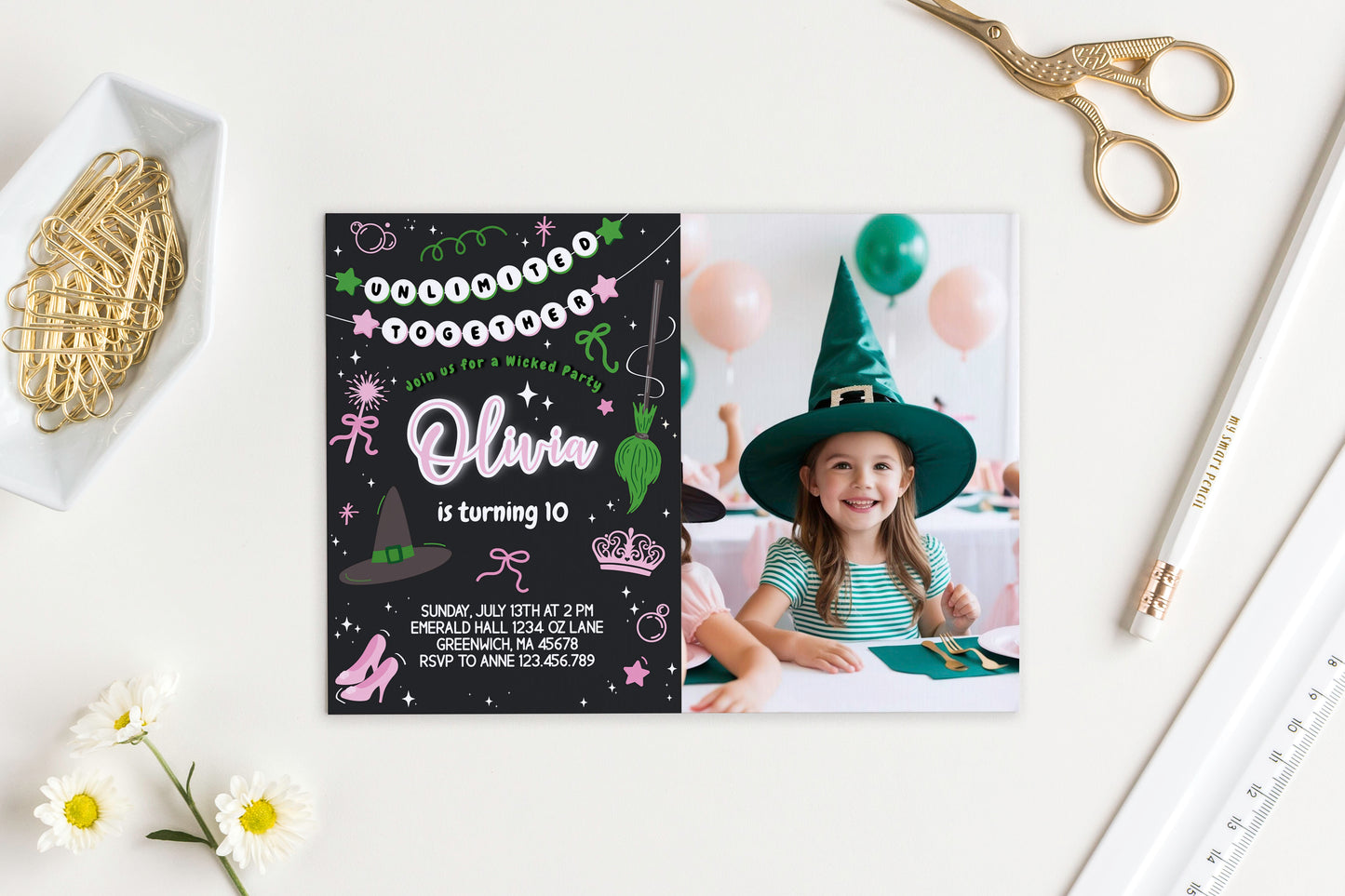 Magical Witch Photo Invitation | Black Background ★ Instant Download | Editable Text