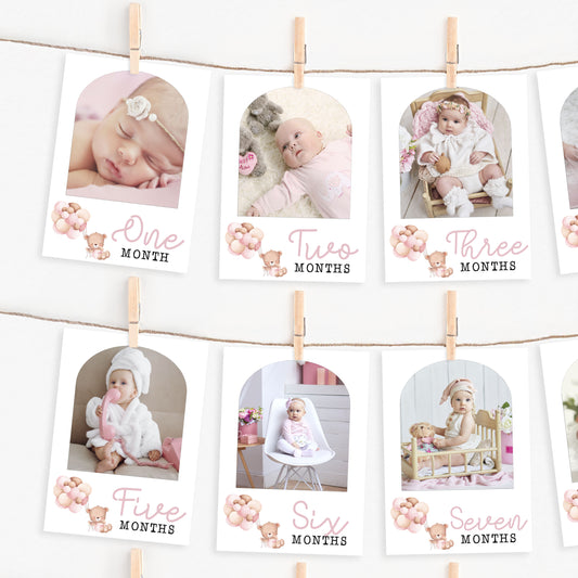 Little Bear 1st Year Photos Banner | Pink ★ Instant Download | Editable