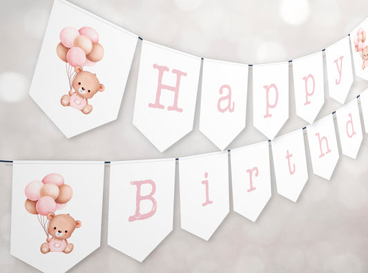 Little Bear Bunting Banner | Pink ★ Instant Download | Editable Text