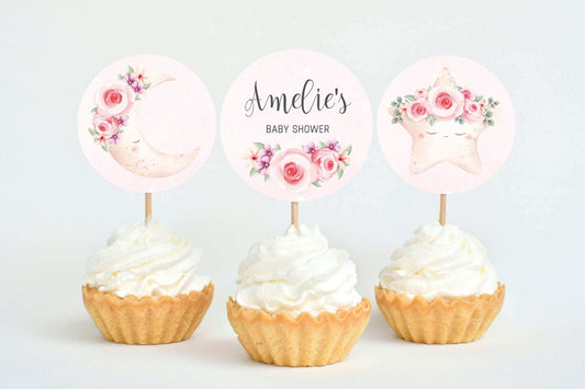 Editable Moon, Stars & Flowers Cupcake Toppers ★ Instant Download | Editable Text - Digitally Printables