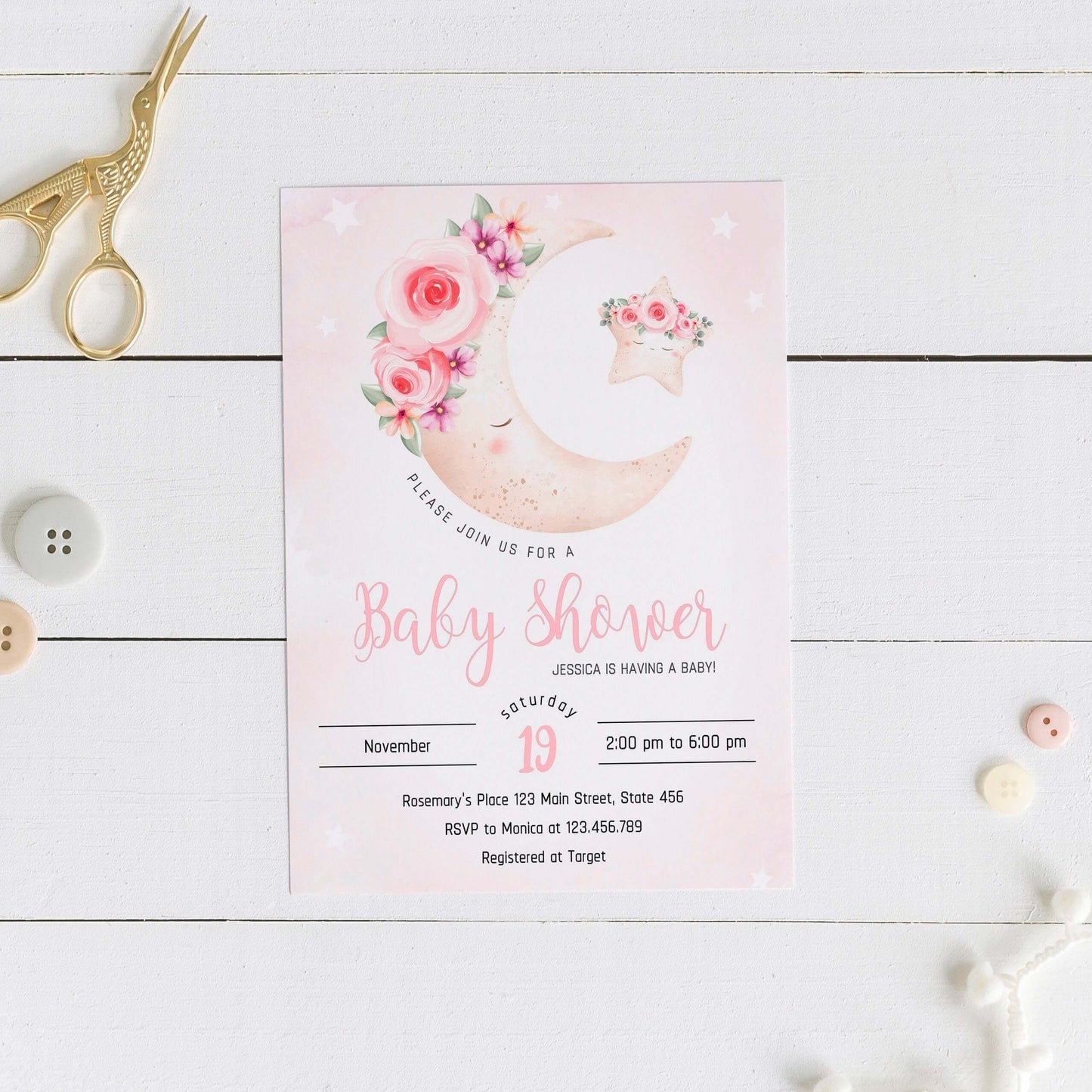 Editable Moon, Stars & Flowers Invitation ★ Instant Download | Editable Text - Digitally Printables