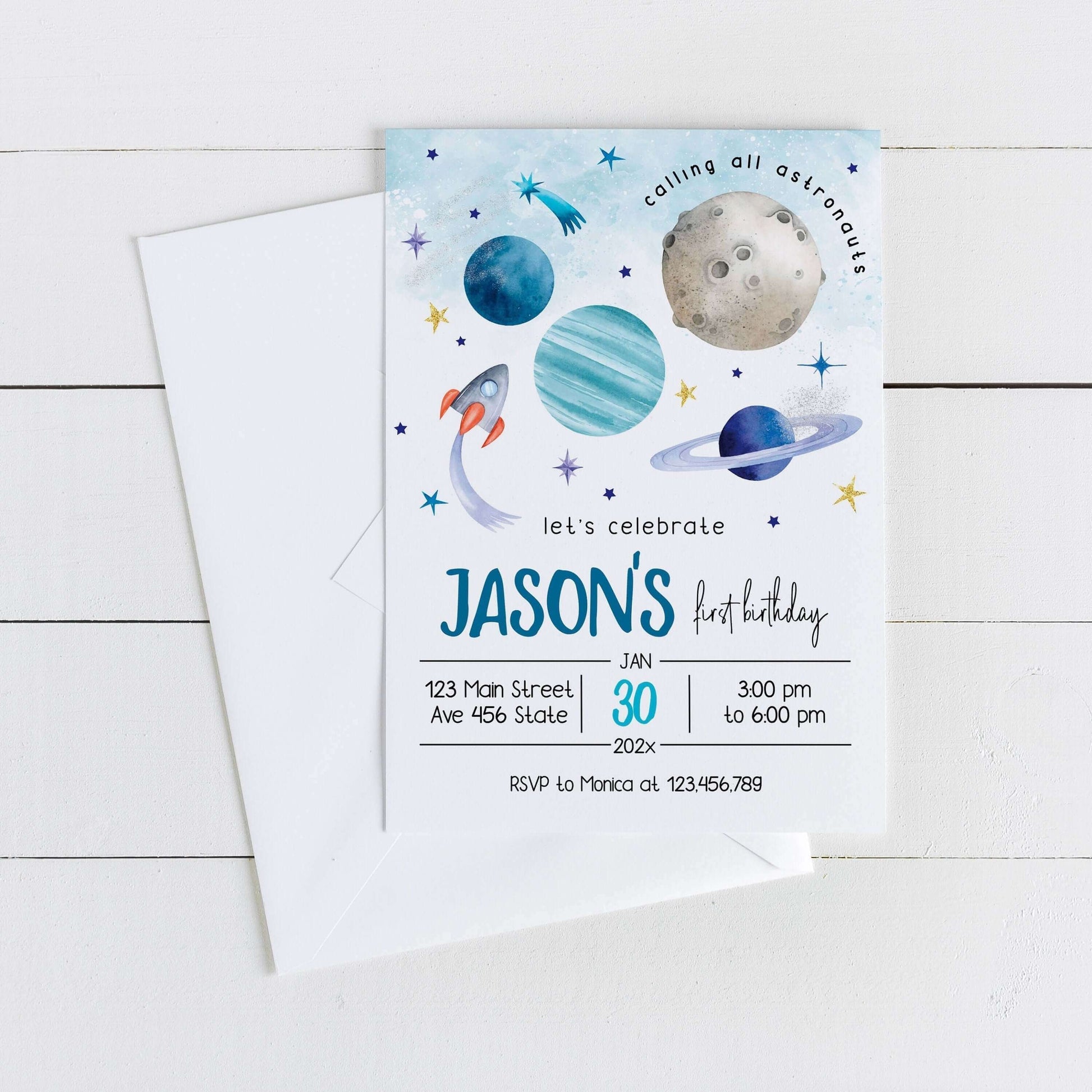 Editable OUTER SPACE Invitation, Space Themed Party , Galaxy Birthday Party, First Trip Around the Sun ref007 - Digitally Printables