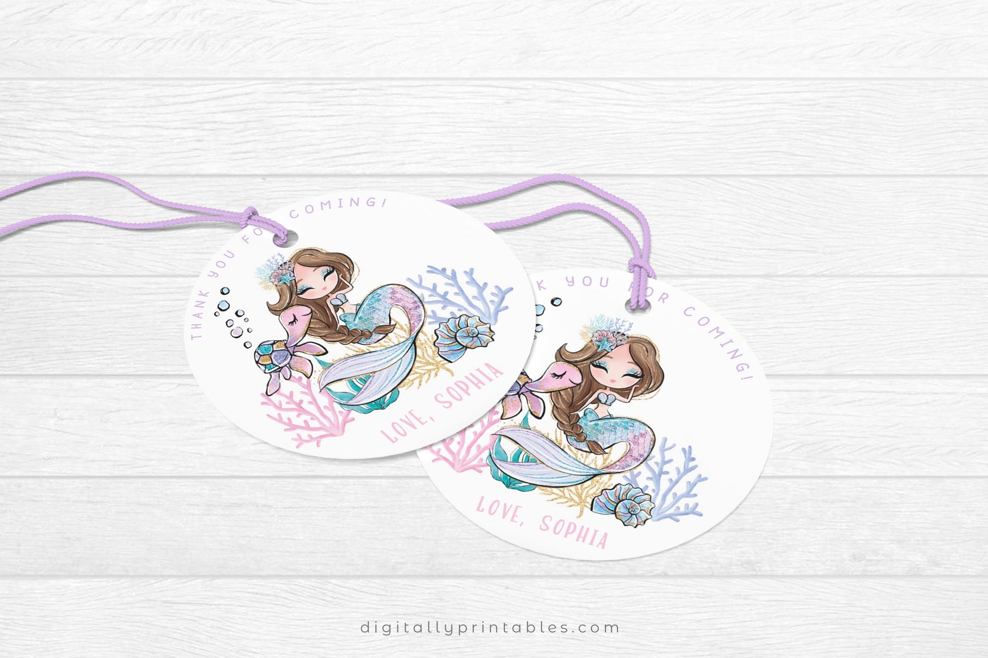 Glitter Mermaid Round Tag | Brown Hair ★ Instant Download | Editable Text - Digitally Printables