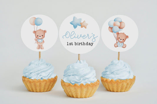 baby bear birthday cupcake toppers or favor tags