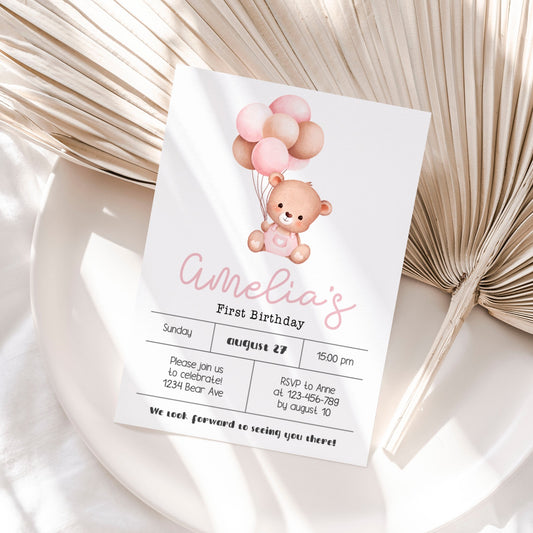 Boho Chic Little Bear Baby Shower Invitation with Soft Pink Accents