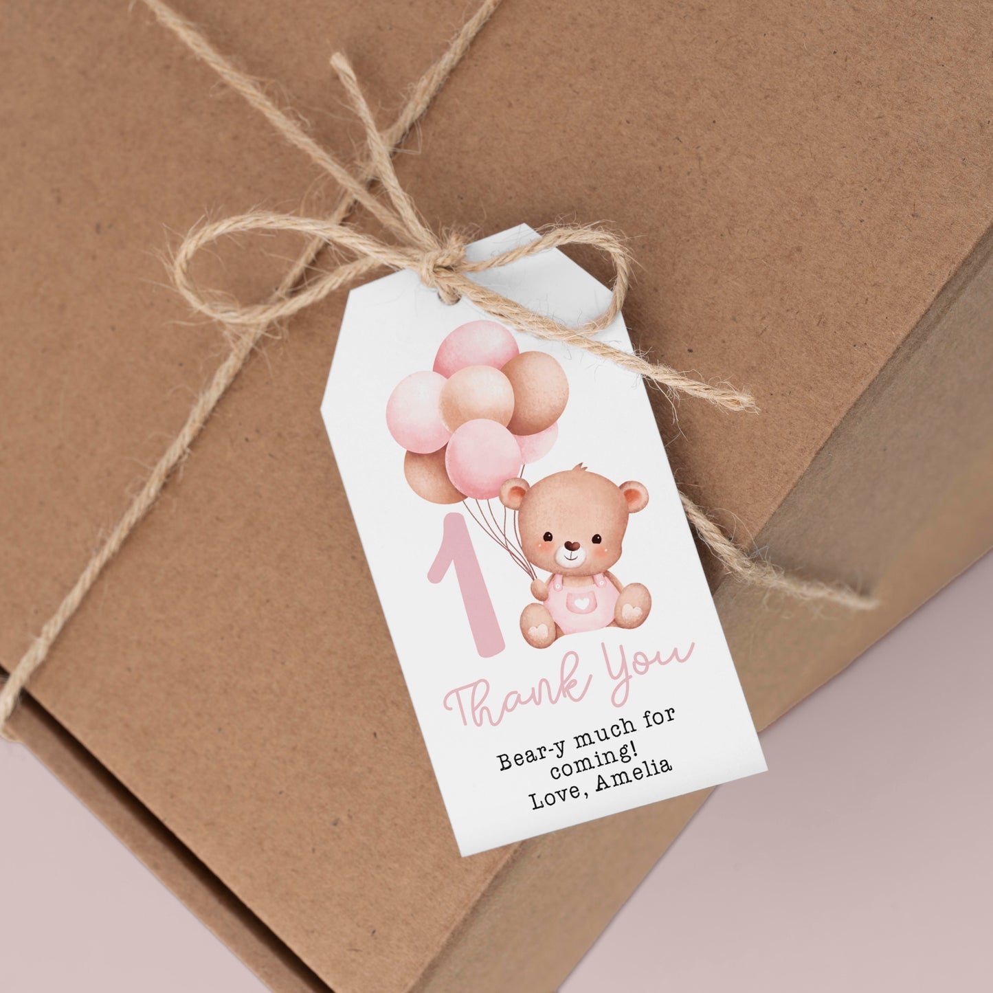 Little Bear Thank You Tag | Pink ★ Instant Download | Editable Text
