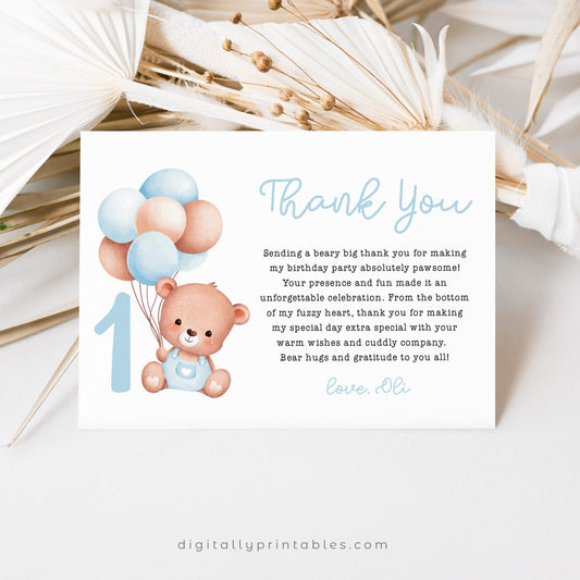 Little Bear Thank You Card | Blue ★ Instant Download | Editable Text