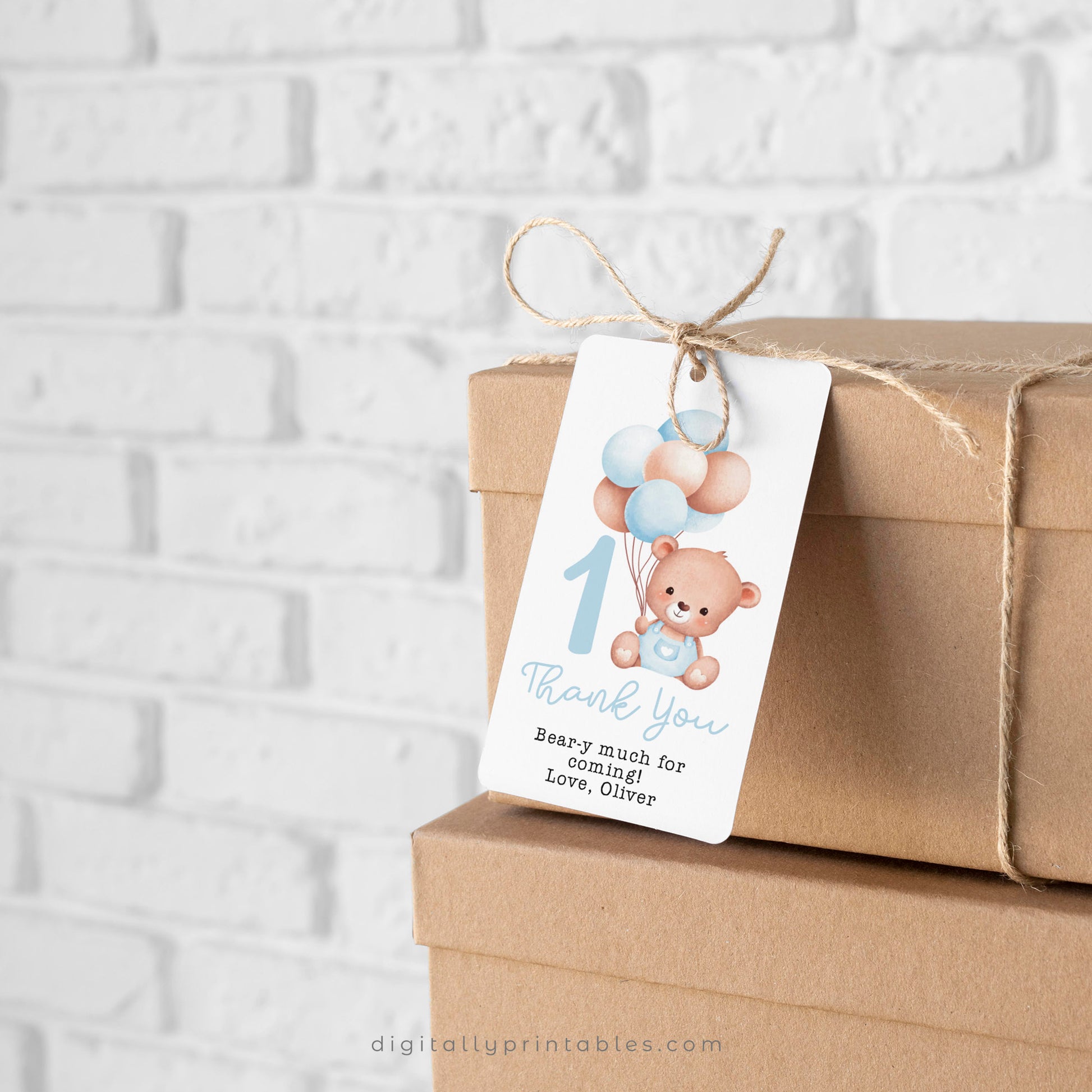 printable thank you tag with a little bear and balloons for a birthday party or baby shower