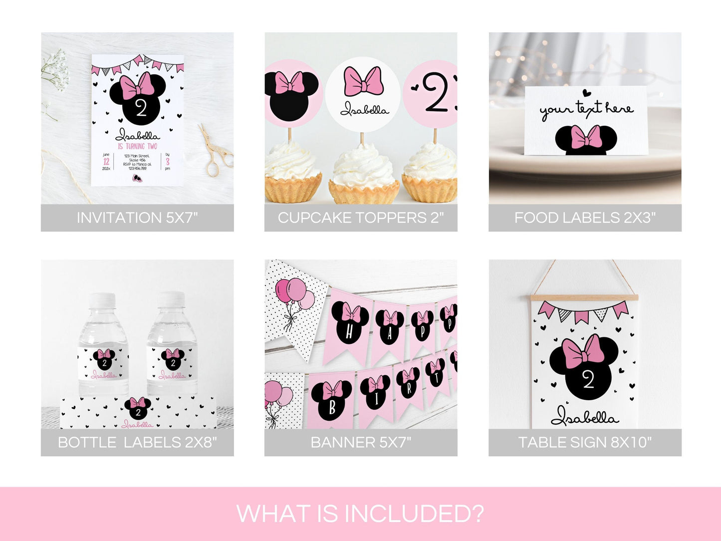 Editable Minnie Mouse in Pink Birthday Bundle | Party Printable Kit