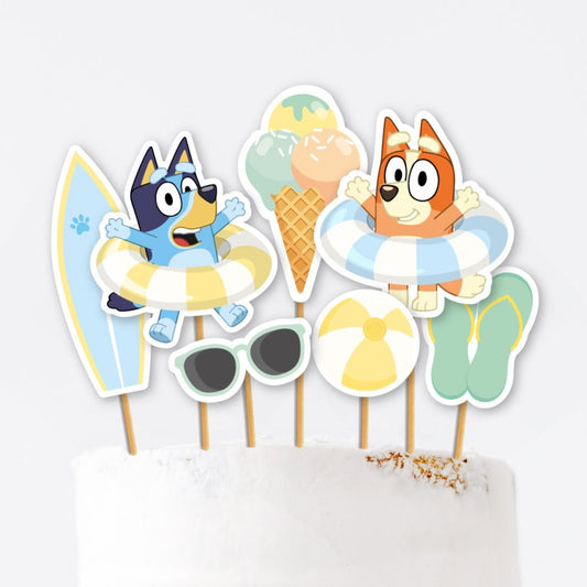 bluey and bingo pool party cake decorations, cake toppers, bluey birthday party in yellow, blue and mint green