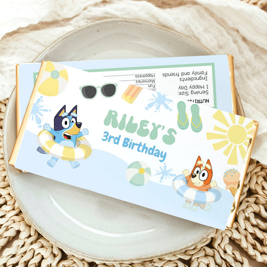 Editable Bluey and Bingo Pool Party Chocolate Wrapper | Instant Download