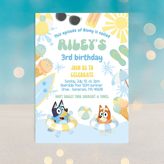 Bluey and Bingo editable invitation, in pastel tones for a beach or pool party, featuring bingo and bluey character in pool safety rings and ice creams