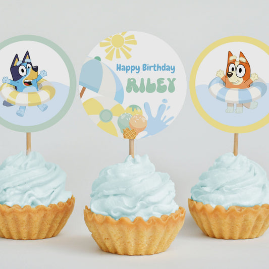 Editable Bluey and Bingo Pool Party Cupcake Toppers | Instant Download