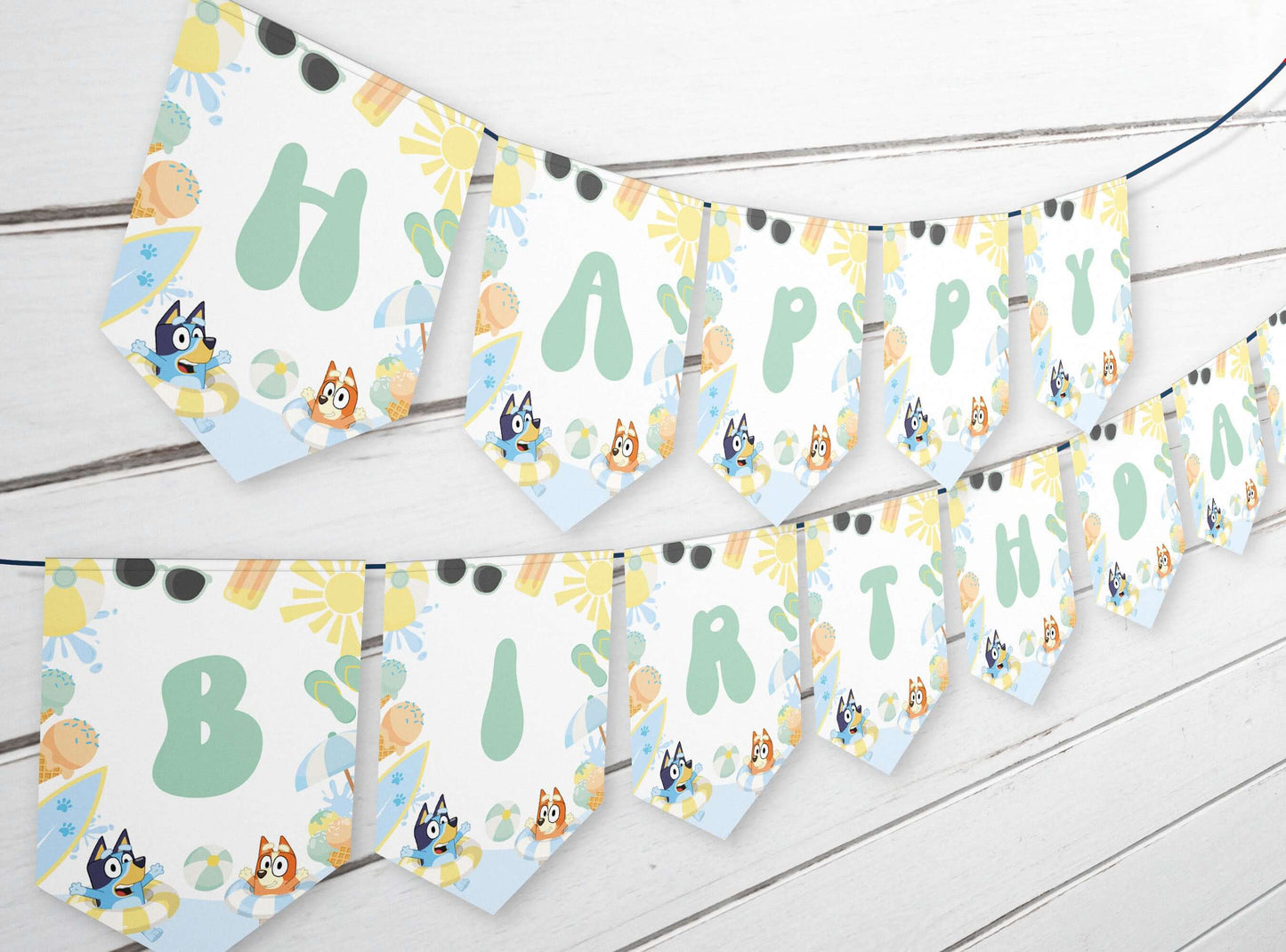 Editable Bluey and Bingo Pool Party Bunting Banner | Instant Download