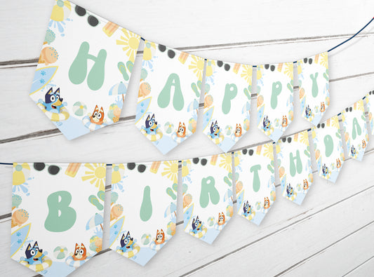 Editable Bluey and Bingo Pool Party Bunting Banner | Instant Download