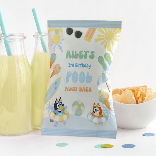 Editable Bluey and Bingo Pool Party Chip Bag | Instant Download