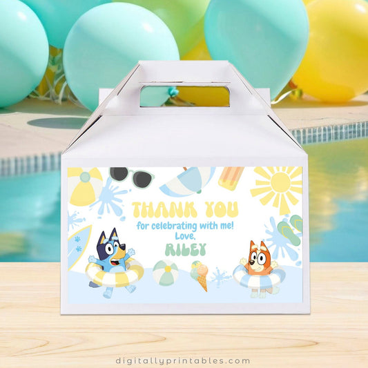 Editable Bluey and Bingo Pool Party Gable Box Label | Instant Download