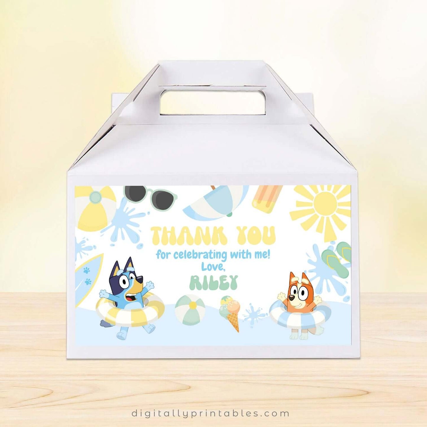 Editable Bluey and Bingo Pool Party Gable Box Label | Instant Download