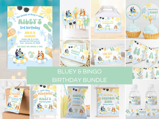 Editable Bluey and Bingo Pool Party Birthday Bundle | Instant Download