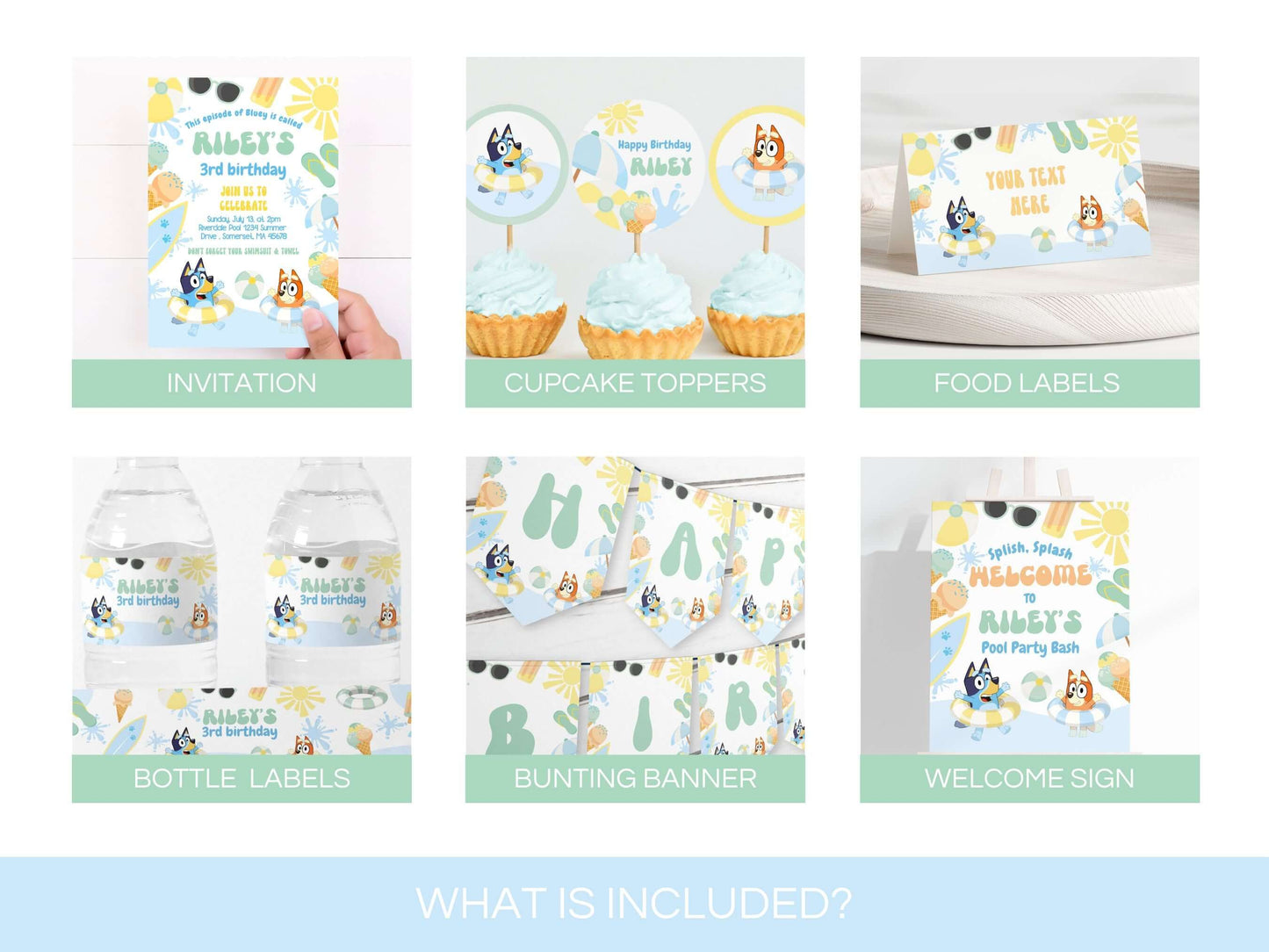 Editable Bluey and Bingo Pool Party Birthday Bundle | Instant Download