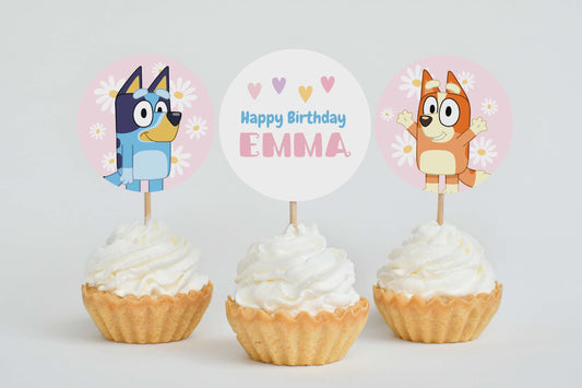 Editable Bluey and Bingo Pink Cupcake Toppers | Instant Download