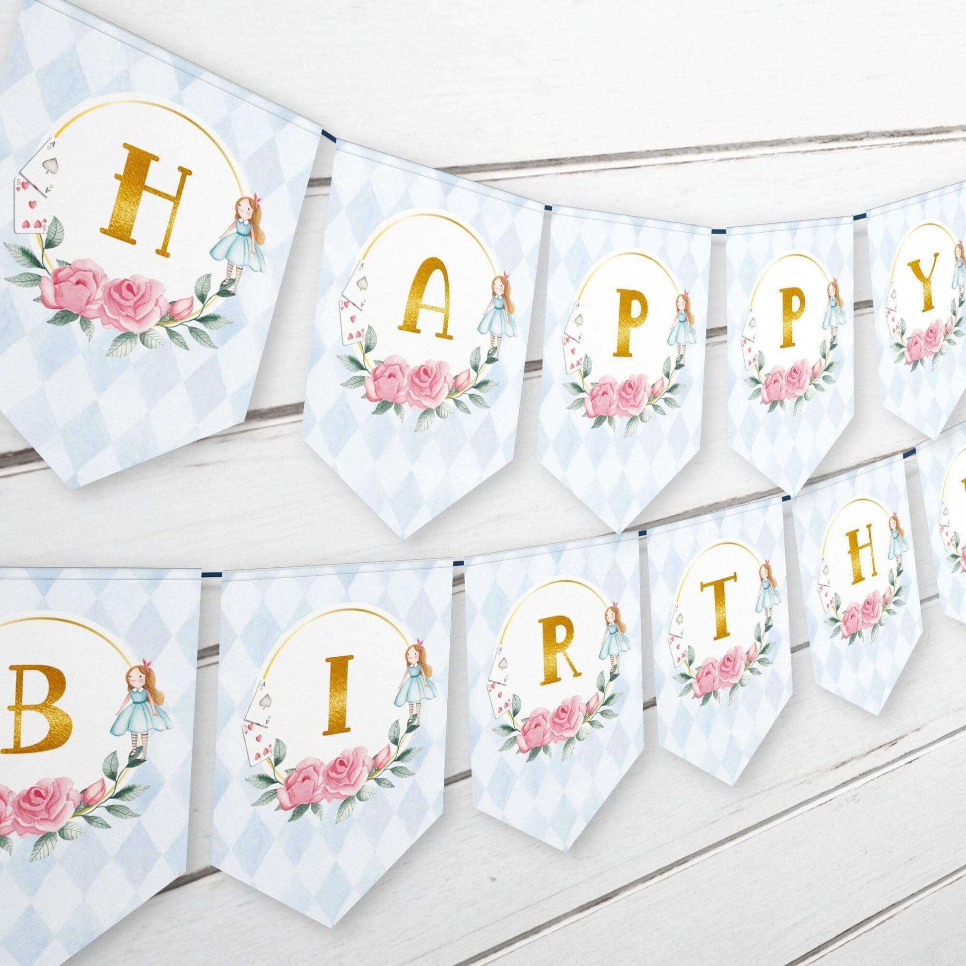 Alice in Wonderland Bunting Banner Blue Pattern ★ Instant Download | Editable Text - Digitally Printables