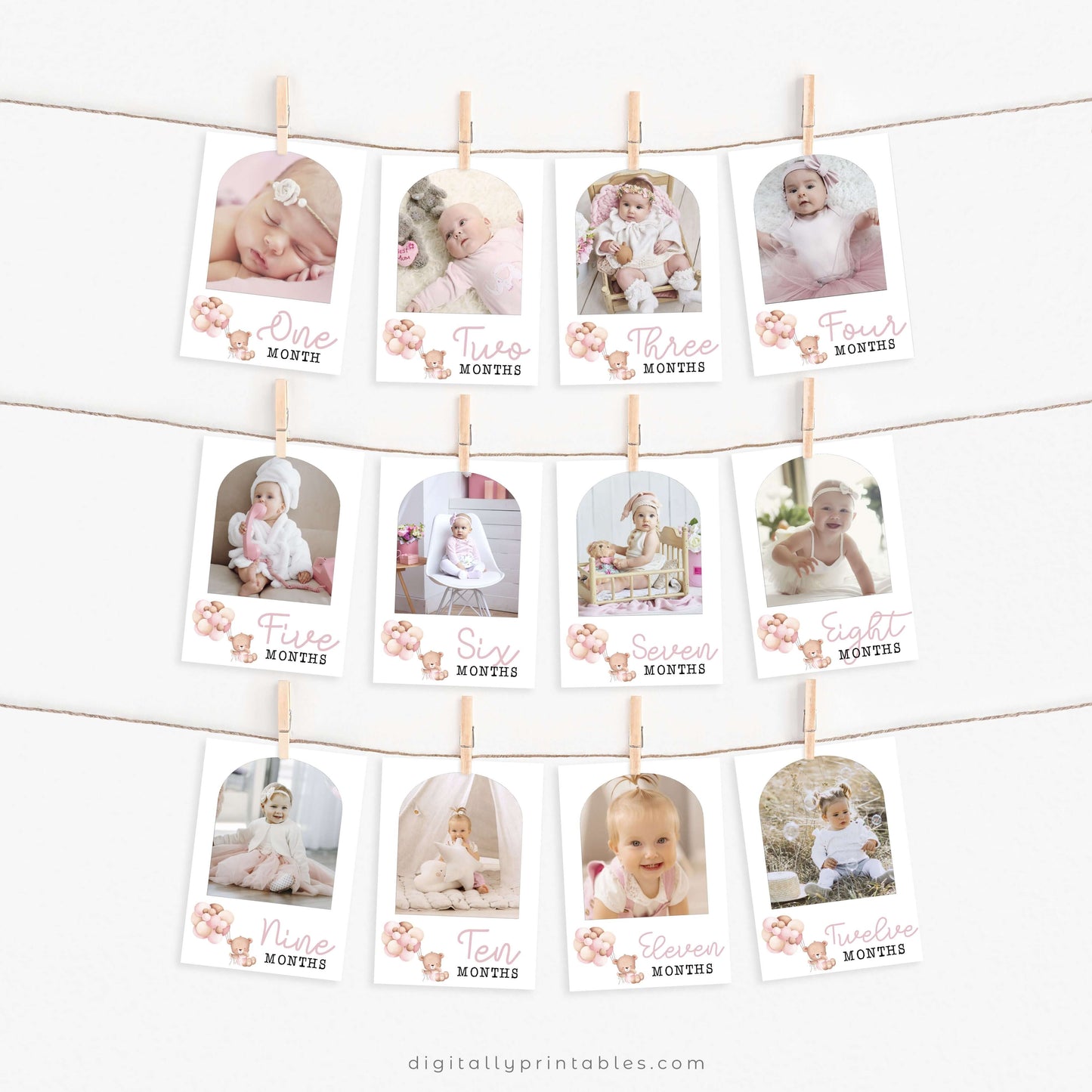 Little Bear 1st Year Photos Banner | Pink ★ Instant Download | Editable