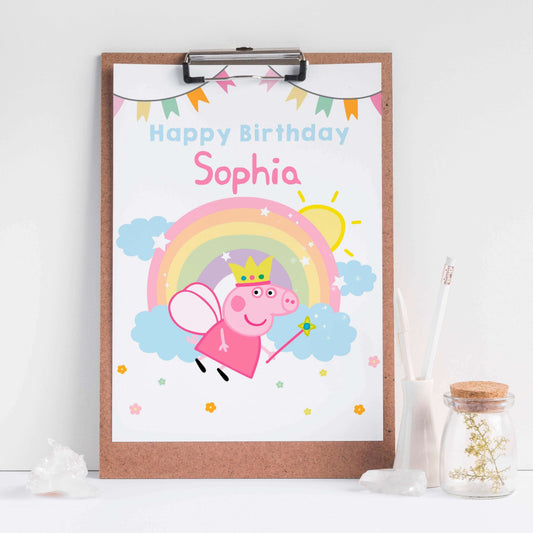 fairy peppa pig birthday table sign with rainbow
