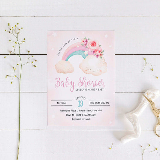 Editable Floral Rainbow Baby Shower Invitation ★ Instant Download | Editable Text - Digitally Printables