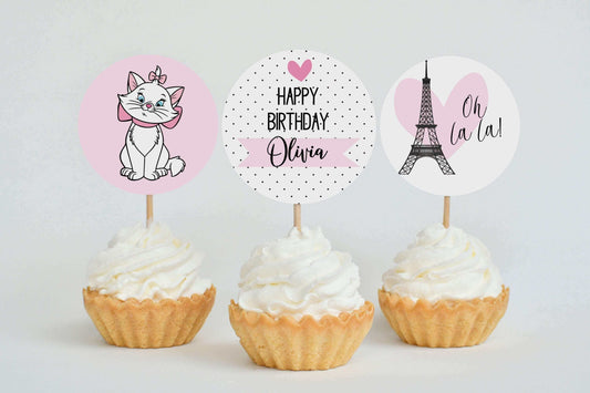 Editable Marie Cat Cupcake Toppers, Printable Kitten Marie Birthday Decoration REF014 - Digitally Printables