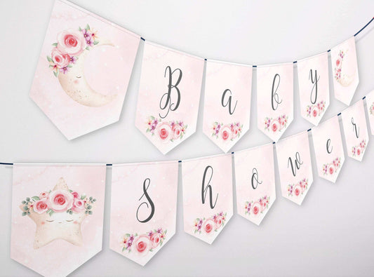 Editable Moon, Stars & Flowers Bunting Banner ★ Instant Download | Editable Text - Digitally Printables