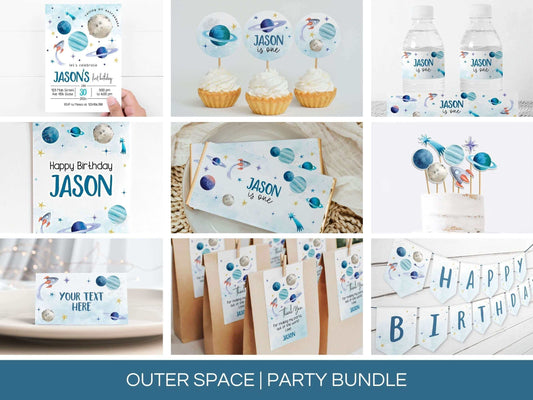 Editable OUTER SPACE Birthday Bundle, Printable Party Kit, Printable Space Birthday Decoration REF007 - Digitally Printables