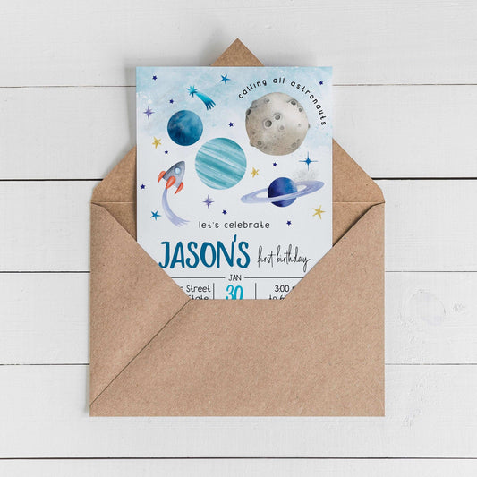 Editable OUTER SPACE Invitation, Space Themed Party , Galaxy Birthday Party, First Trip Around the Sun ref007 - Digitally Printables