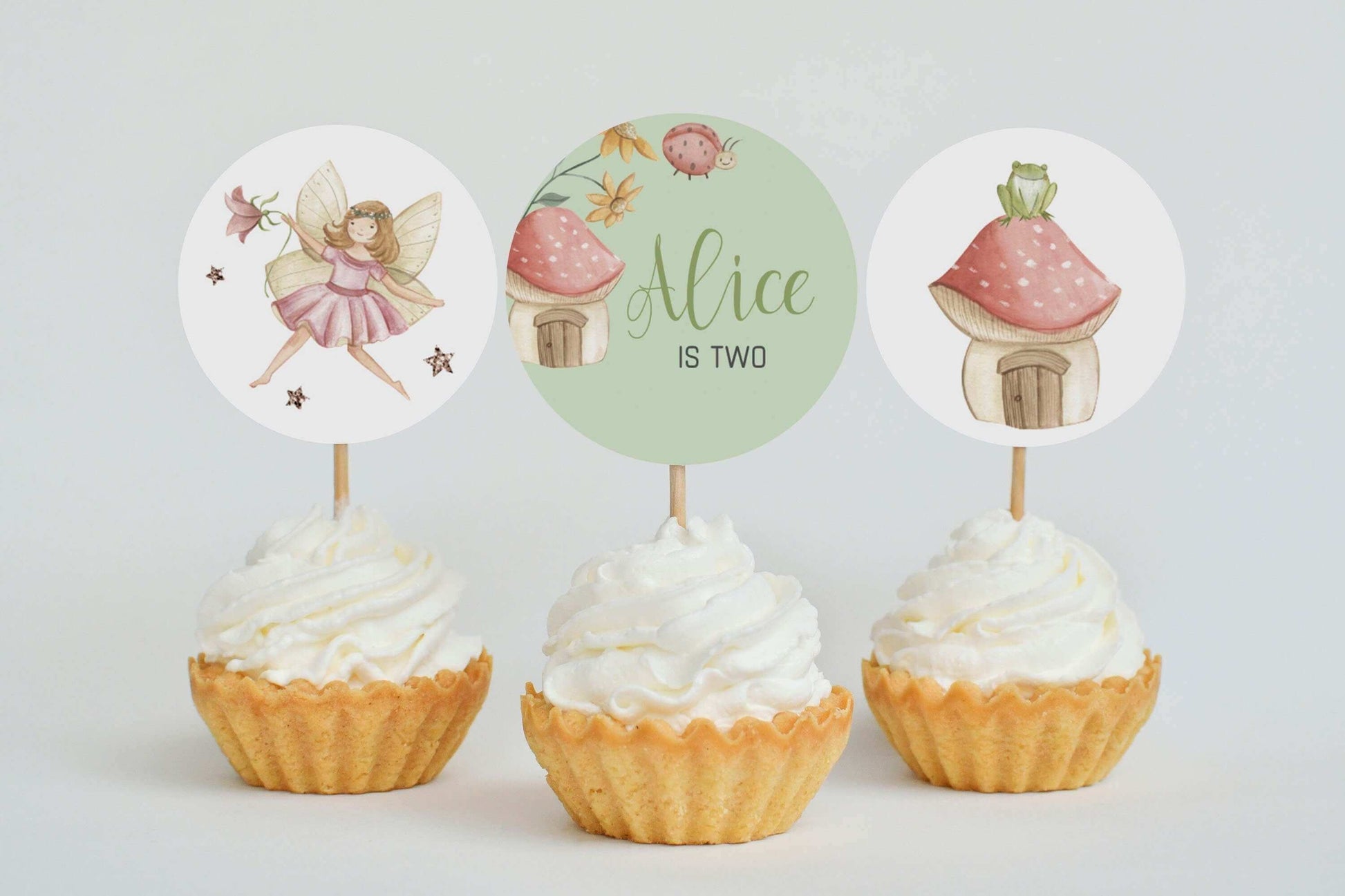 Editable Wildflower Fairies Sage Cupcake Toppers, Printable Fairy Birthday Party Decorations, Wildflower Cupcakes Tags REF017 - Digitally Printables