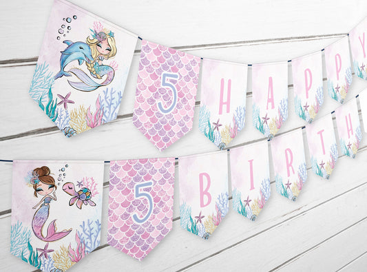Glitter Mermaid Bunting Banner ★ Instant Download | Editable Text - Digitally Printables