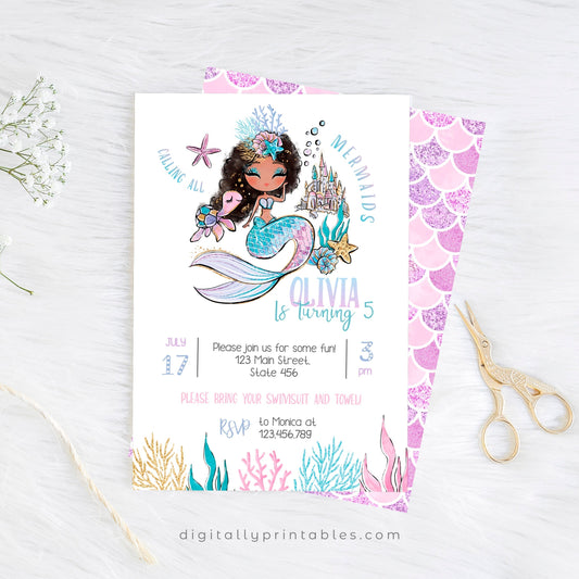 Glitter Mermaid Party Invitation | Design 3 ★ Instant Download | Editable Text - Digitally Printables