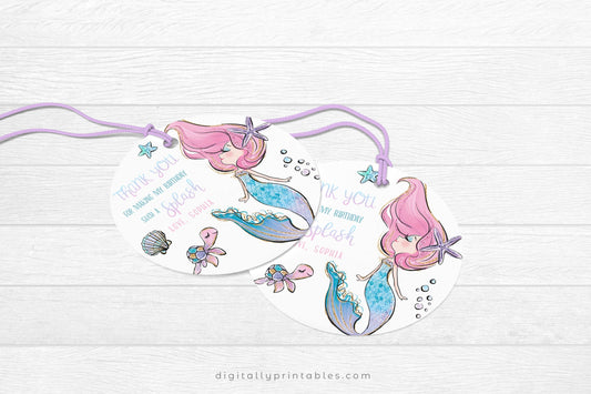 Glitter Mermaid Round Tag | Pink Hair ★ Instant Download | Editable Text - Digitally Printables