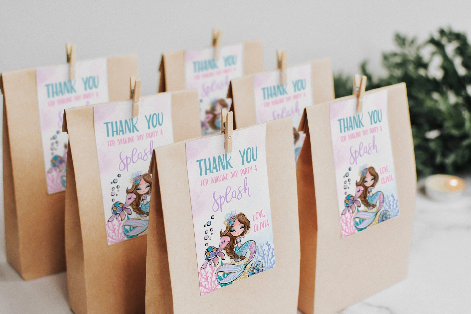 Glitter Mermaid Thank You Tag | Brown Hair ★ Instant Download | Editable Text - Digitally Printables