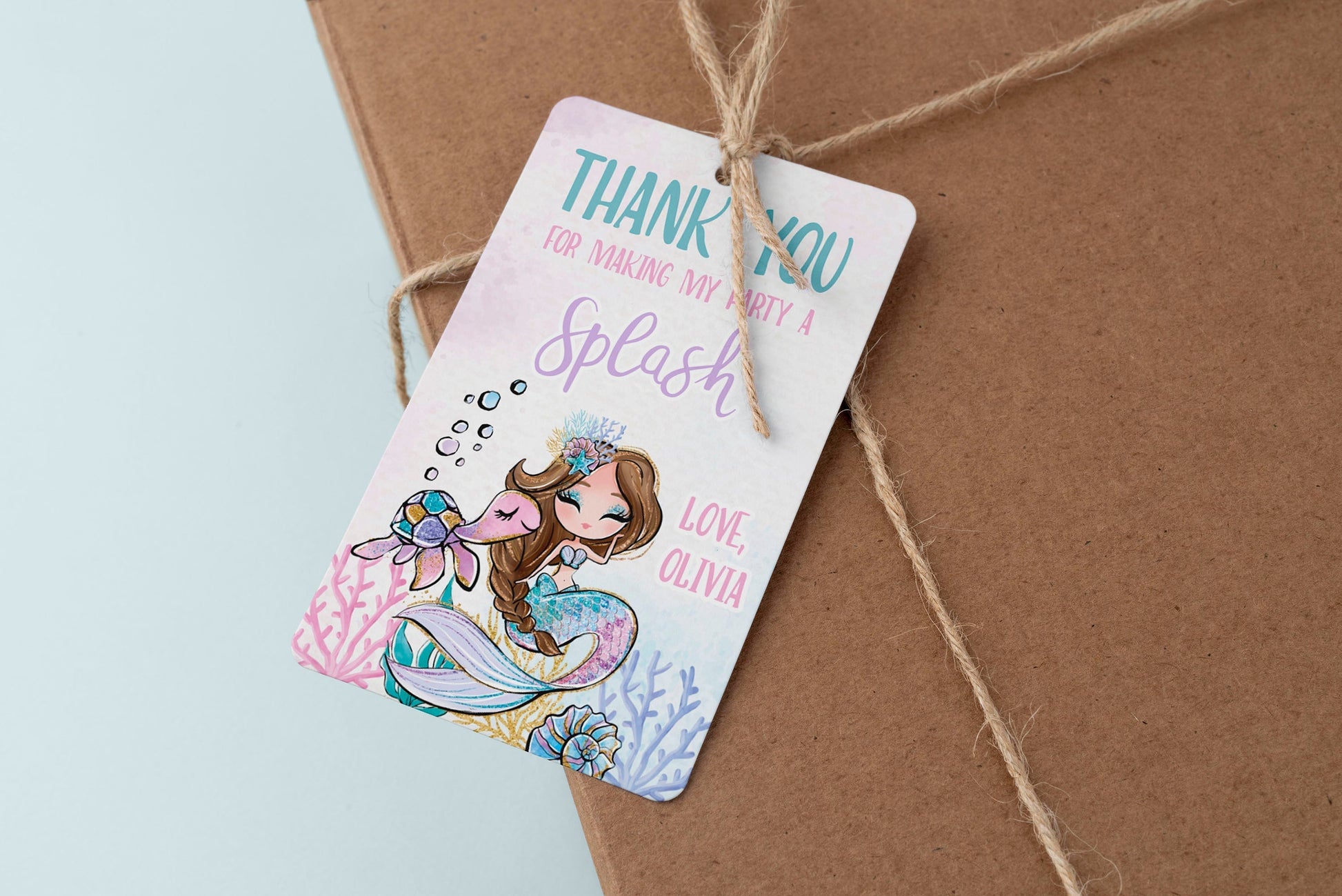 Glitter Mermaid Thank You Tag | Brown Hair ★ Instant Download | Editable Text - Digitally Printables