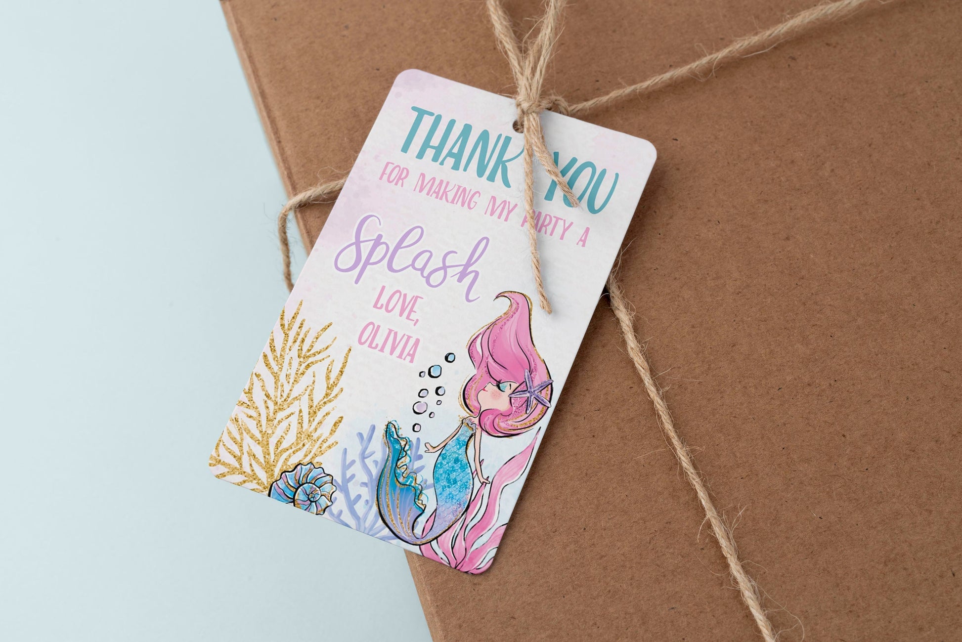 Glitter Mermaid Thank You Tag | Pink Hair ★ Instant Download | Editable Text - Digitally Printables