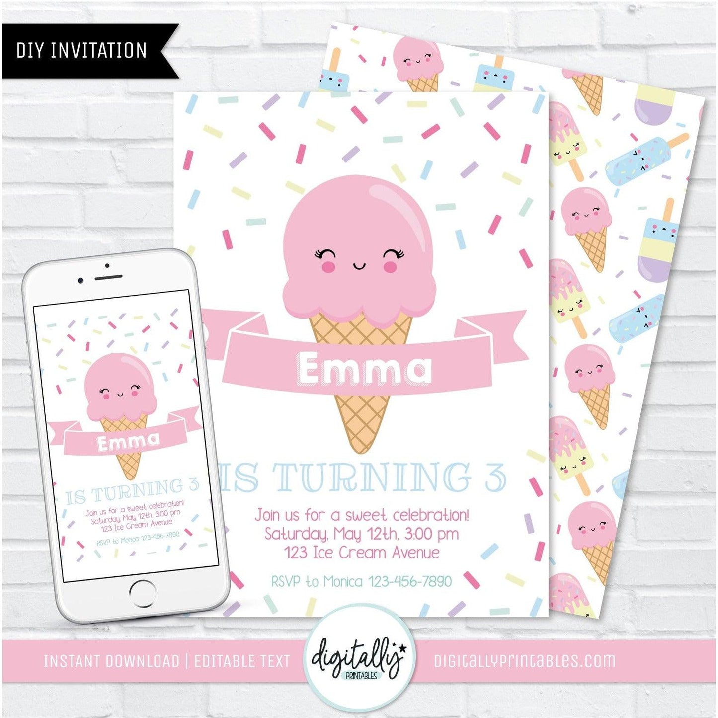 Ice Cream Invitation, printable ice cream invitation with editable text