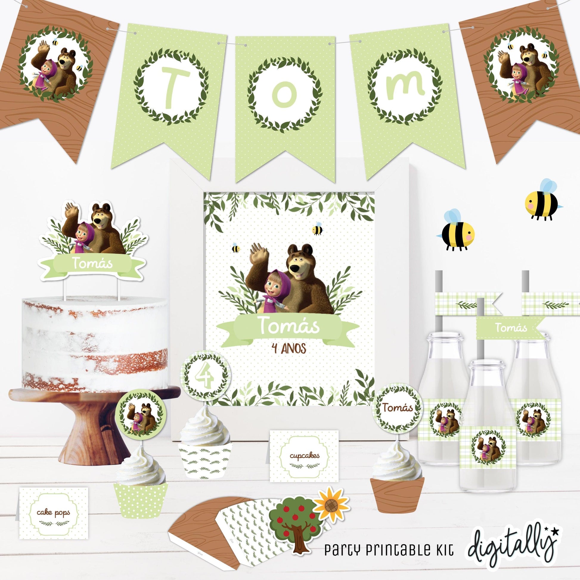 Masha and the Bear Birthday Bundle | Brown and Green★ Instant Download | Editable Text - Digitally Printables