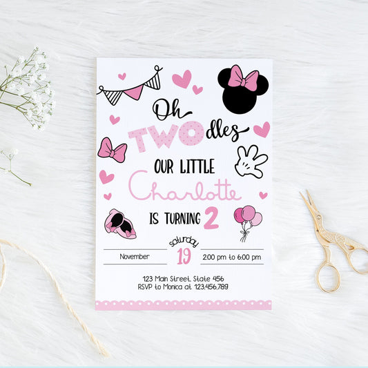 Oh Twodles Minnie Mouse Birthday Invitation in Pink ★ Instant Download | Editable Text - Digitally Printables