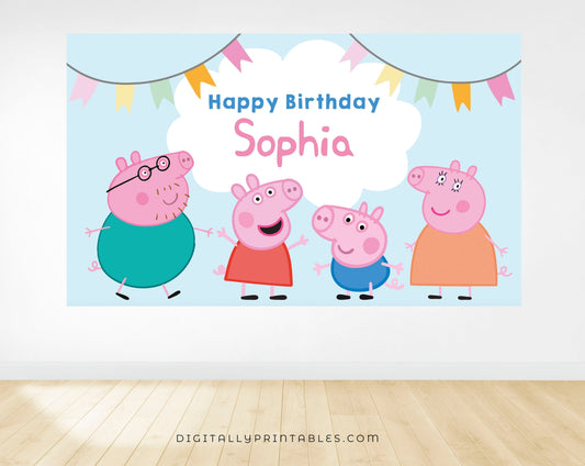 Peppa Pig & Family Backdrop | Baby Blue Background ★ Instant Download | Editable Text - Digitally Printables